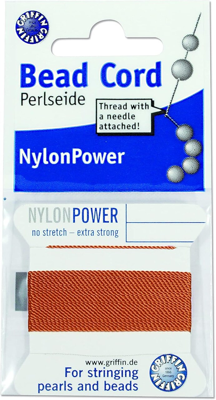 Griffin Nylon Bead Cord Perlseide – Size 7 (0.75mm) – 2 Meters per Card – Stainless Steel Needle Attached – for Knotting Pearls, Gemstones, Crystals and Beads